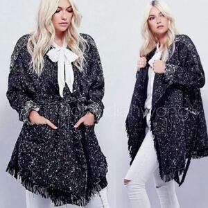 Free People Wool Tweed Fringe Wrap Jacket